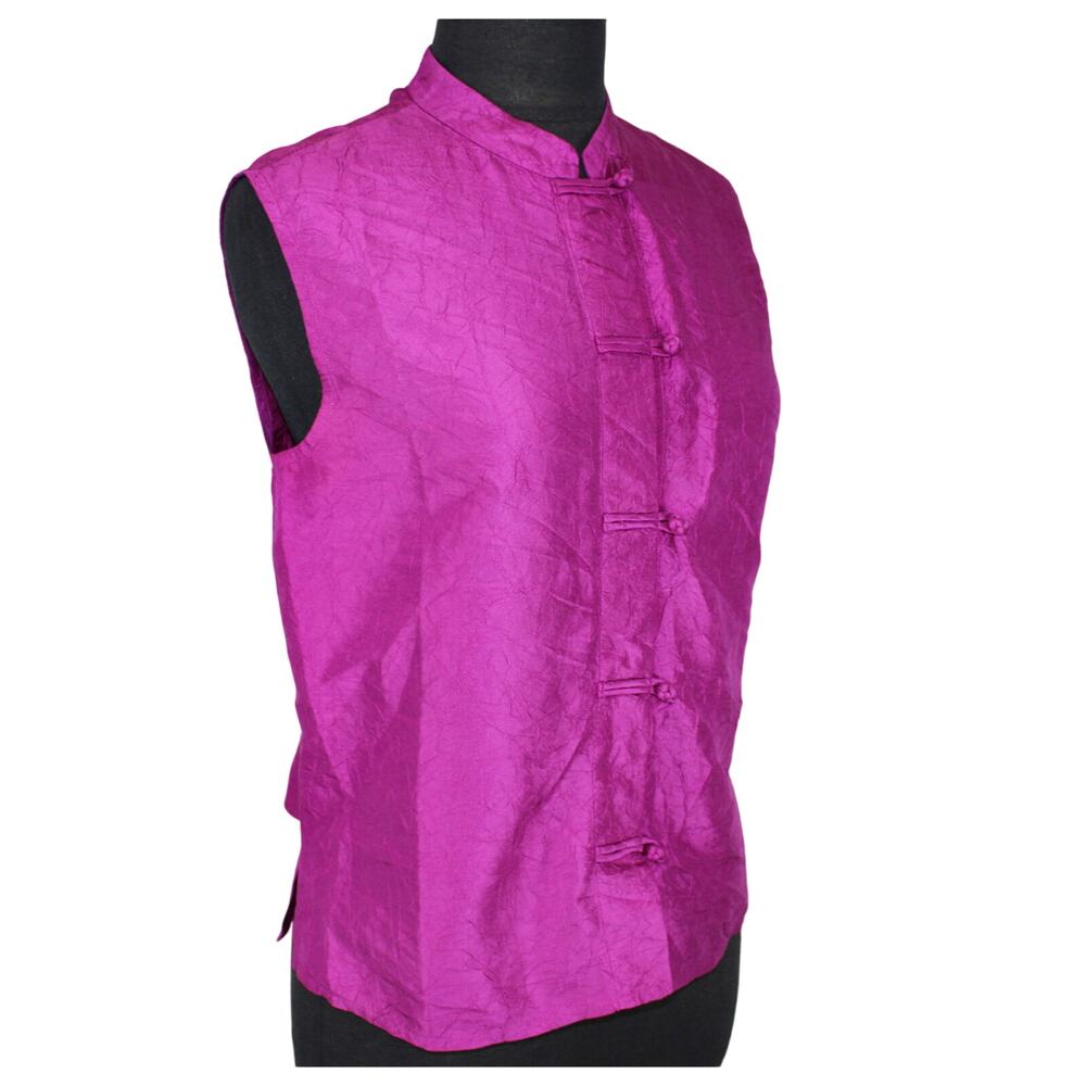 A4 EILEEN FISHER Mandarin Frog Patterned Crinkled Sleeveless Fuchsia Top Vest L - Picture 2 of 4